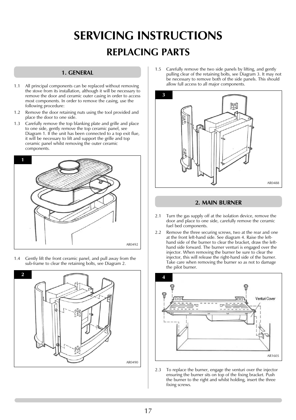 Servicing instructions, Replacing parts, General | Main burner | Stovax Ceramica Gazco Ceremica Log Effect Stove Range User Manual | Page 17 / 24