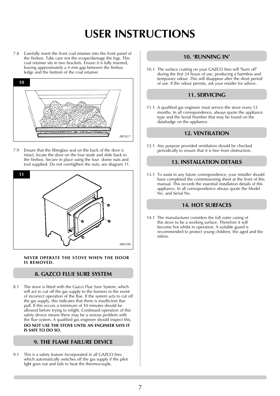 User instructions, Gazco flue sure system, The flame failure device | ‘running in, Servicing, Ventilation, Installation details, Hot surfaces | Stovax Ceramica Gazco Ceremica Log Effect Stove Range User Manual | Page 7 / 24