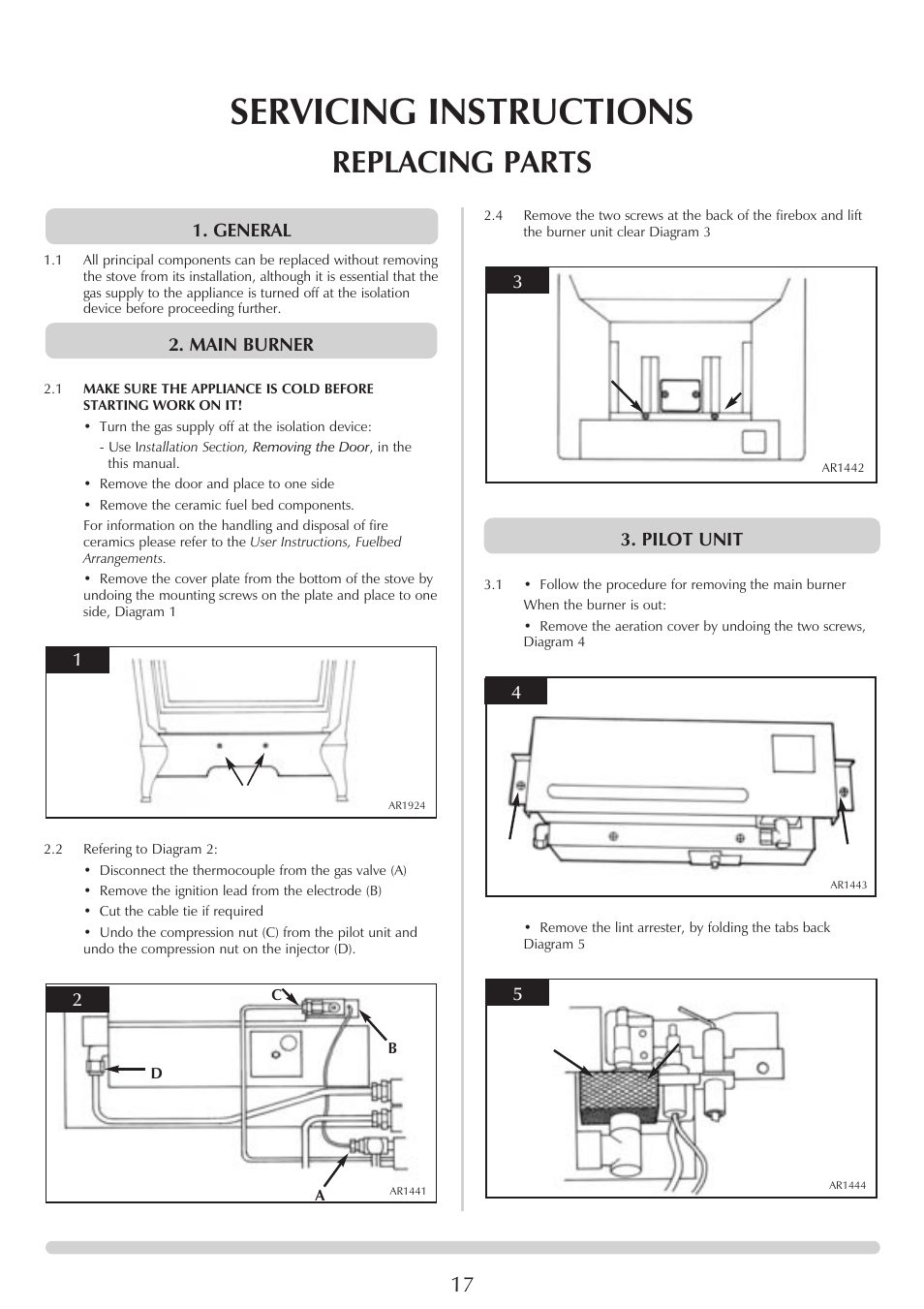 Servicing instructions, Replacing parts | Stovax Huntingdon 30 User Manual | Page 17 / 23