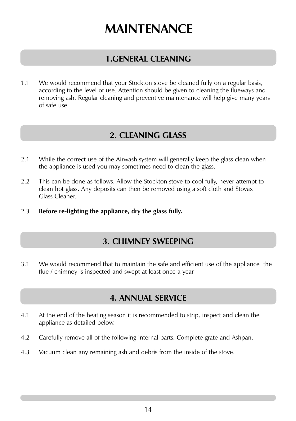 Maintenance, General cleaning, Cleaning glass | Chimney sweeping, Annual service | Stovax 7129 User Manual | Page 14 / 20