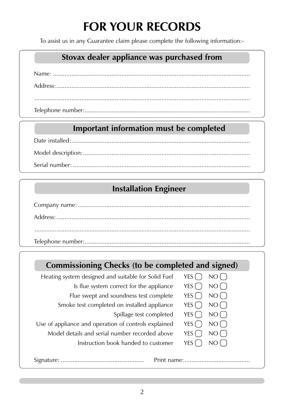 For your records, Stovax dealer appliance was purchased from, Important information must be completed | Installation engineer, Commissioning checks (to be completed and signed) | Stovax 7129 User Manual | Page 2 / 20