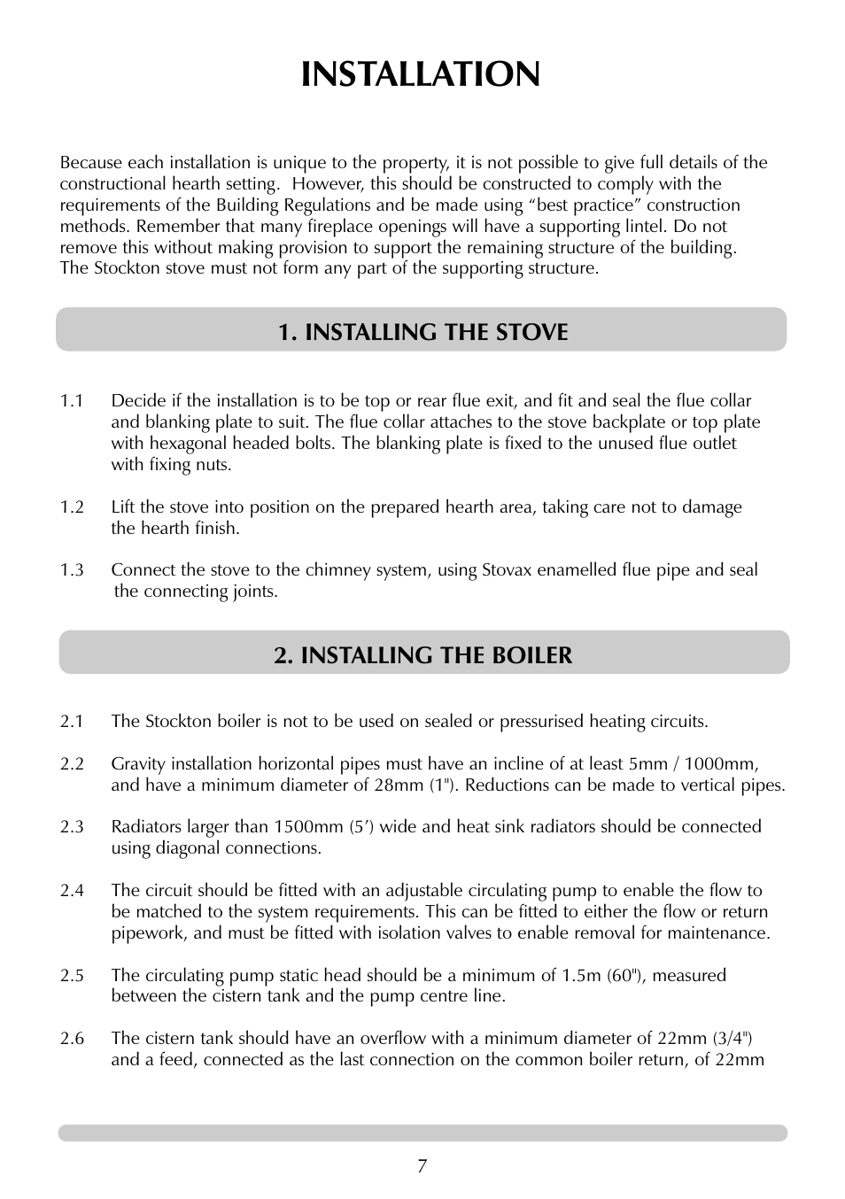 Installation, Installing the stove, Installing the boiler | Stovax 7129 User Manual | Page 7 / 20