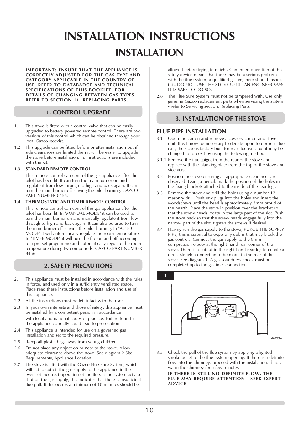 Installation instructions, Installation, Control upgrade | Safety precautions, Installation of the stove flue pipe installation | Stovax Stove Range User Manual | Page 10 / 23