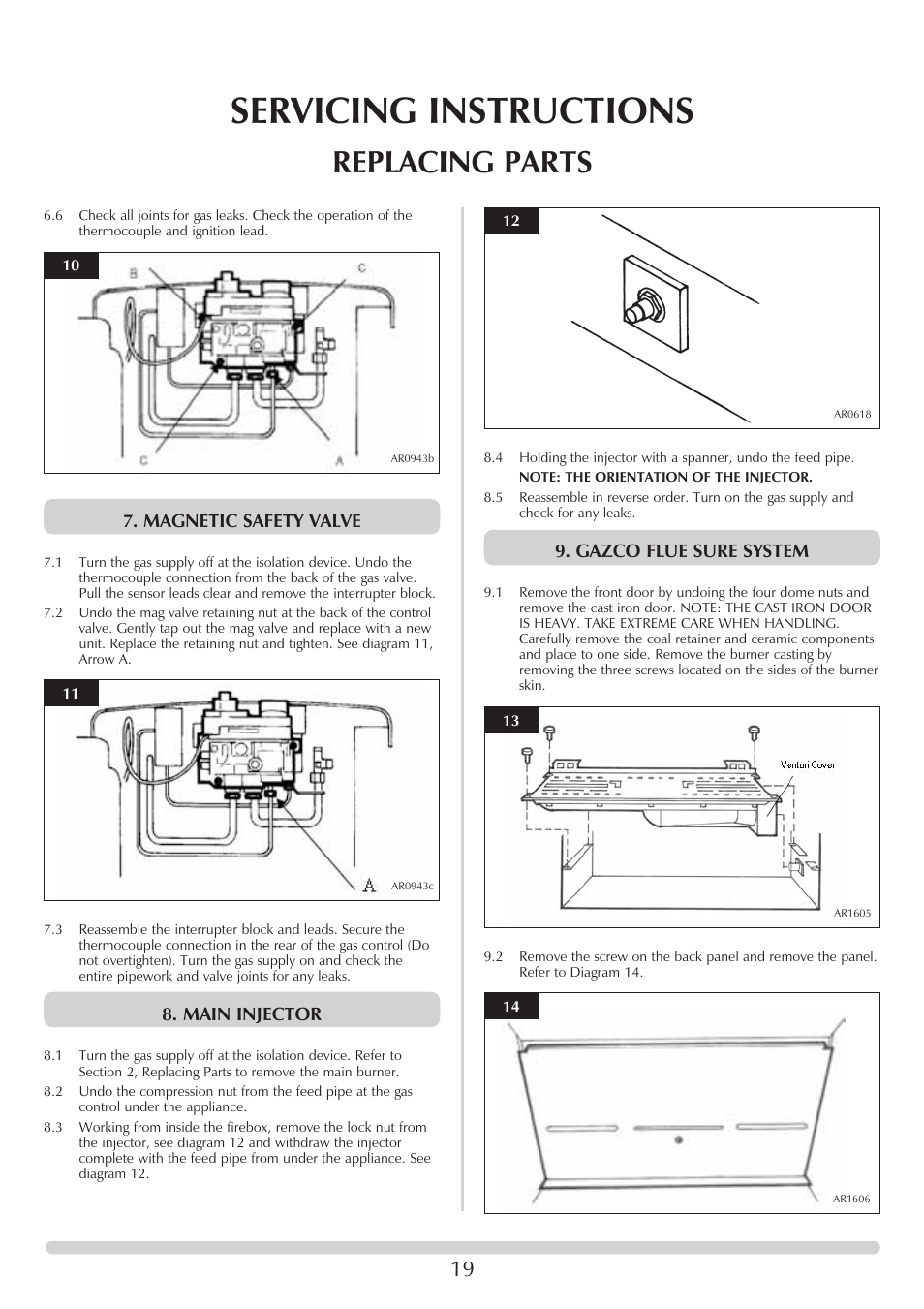 Servicing instructions, Replacing parts, Magnetic safety valve | Main injector, Gazco flue sure system | Stovax Stove Range User Manual | Page 19 / 23