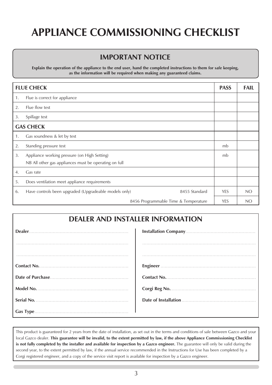 Appliance commissioning checklist, Important notice, Dealer and installer information | Flue check pass fail, Gas check | Stovax Stove Range User Manual | Page 3 / 23