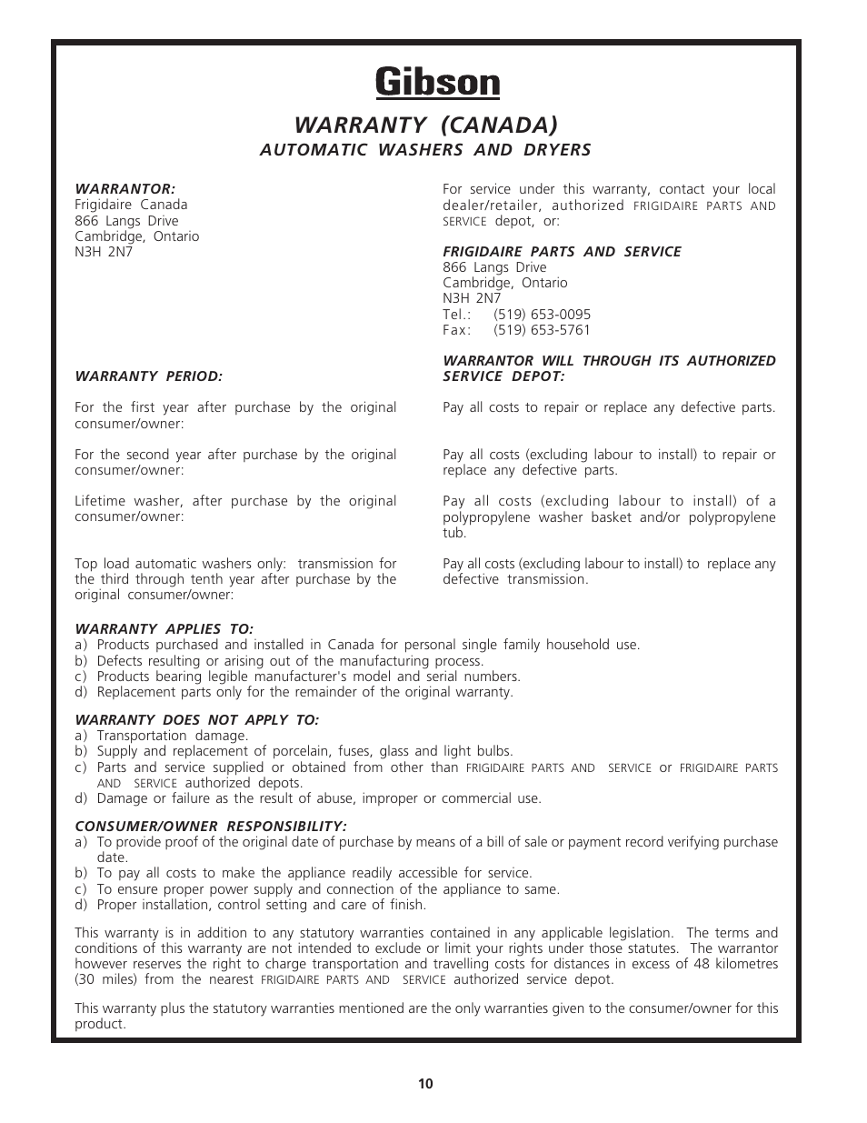 Warranty (canada) | Electrolux - Gibson 131627900 User Manual | Page 10 / 10