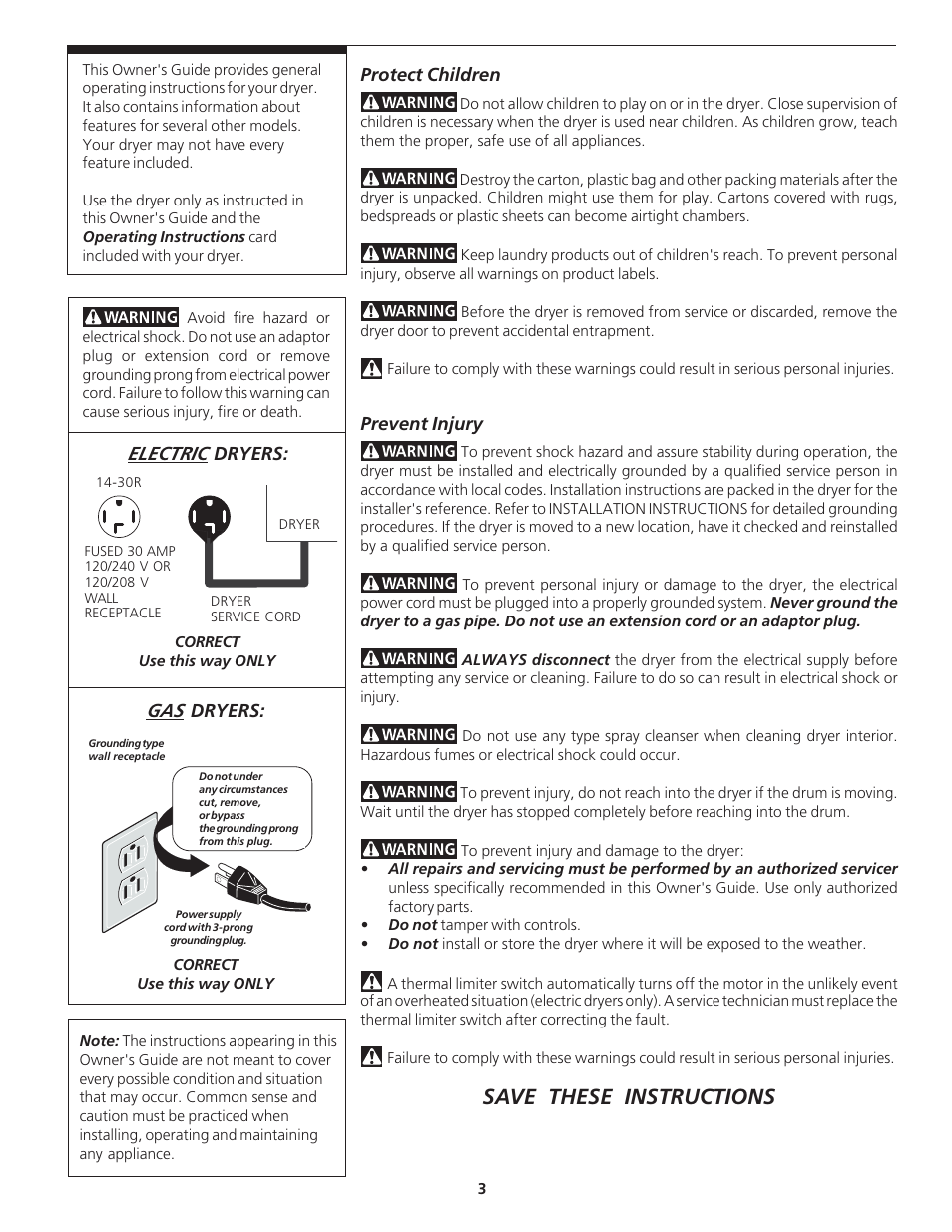 Save these instructions, Electric | Electrolux - Gibson 131627900 User Manual | Page 3 / 10