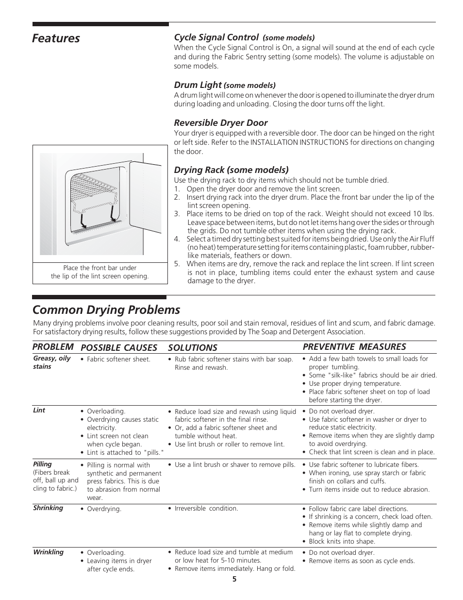 Features, Common drying problems | Electrolux - Gibson 131627900 User Manual | Page 5 / 10