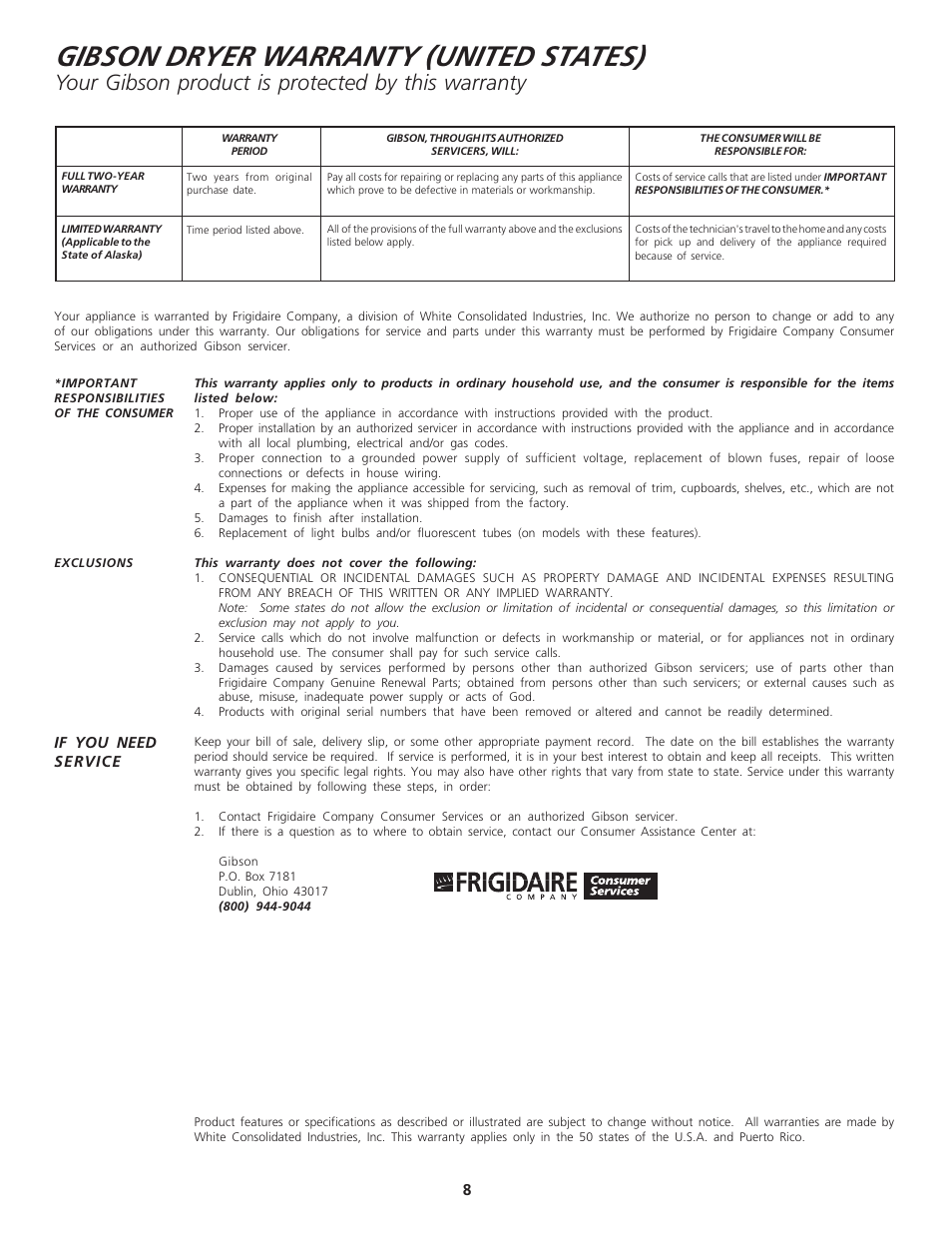 Gibson dryer warranty (united states), Your gibson product is protected by this warranty | Electrolux - Gibson 131627900 User Manual | Page 8 / 10