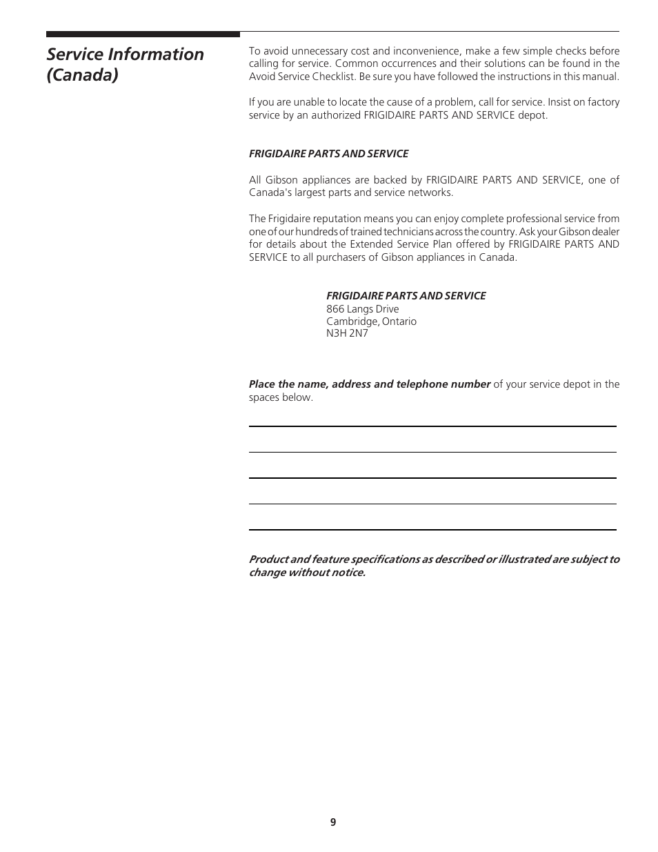 Service information (canada) | Electrolux - Gibson 131627900 User Manual | Page 9 / 10