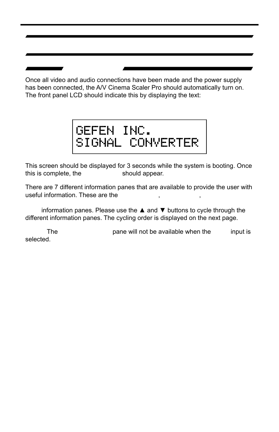Powering on, Using the a/v cinema scaler pro - main lcd | Gefen PRO I User Manual | Page 16 / 60