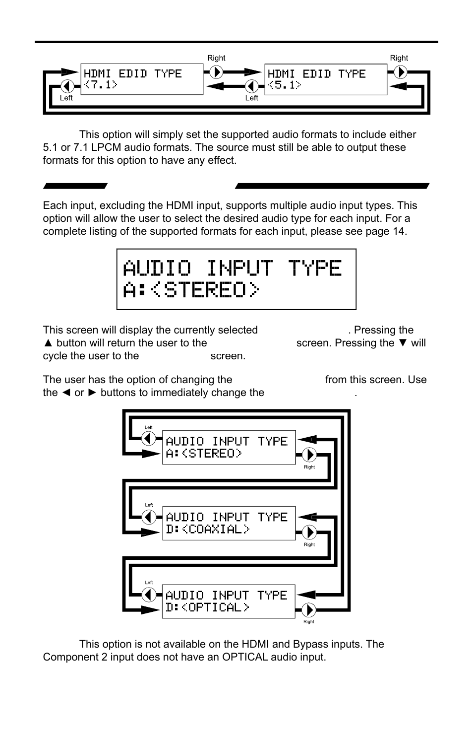 Audio input type, Using the a/v cinema scaler pro - main lcd | Gefen PRO I User Manual | Page 25 / 60