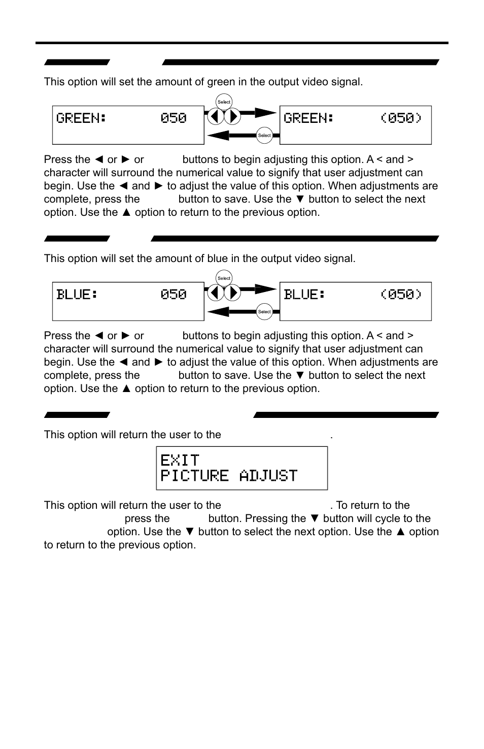 Green, Blue, Exit color adjust | Gefen PRO I User Manual | Page 39 / 60