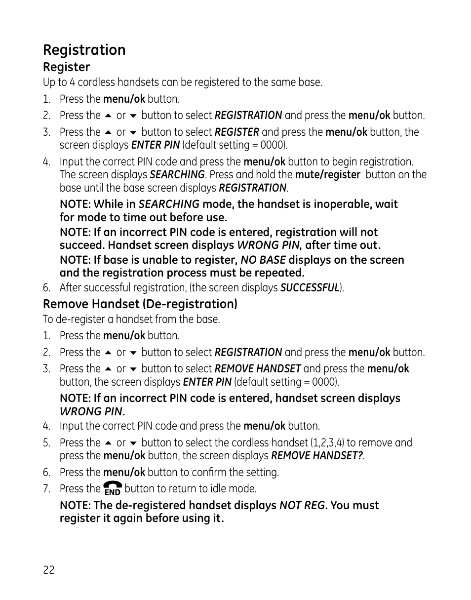 Registration | GE DECT 28861xx2 User Manual | Page 22 / 44
