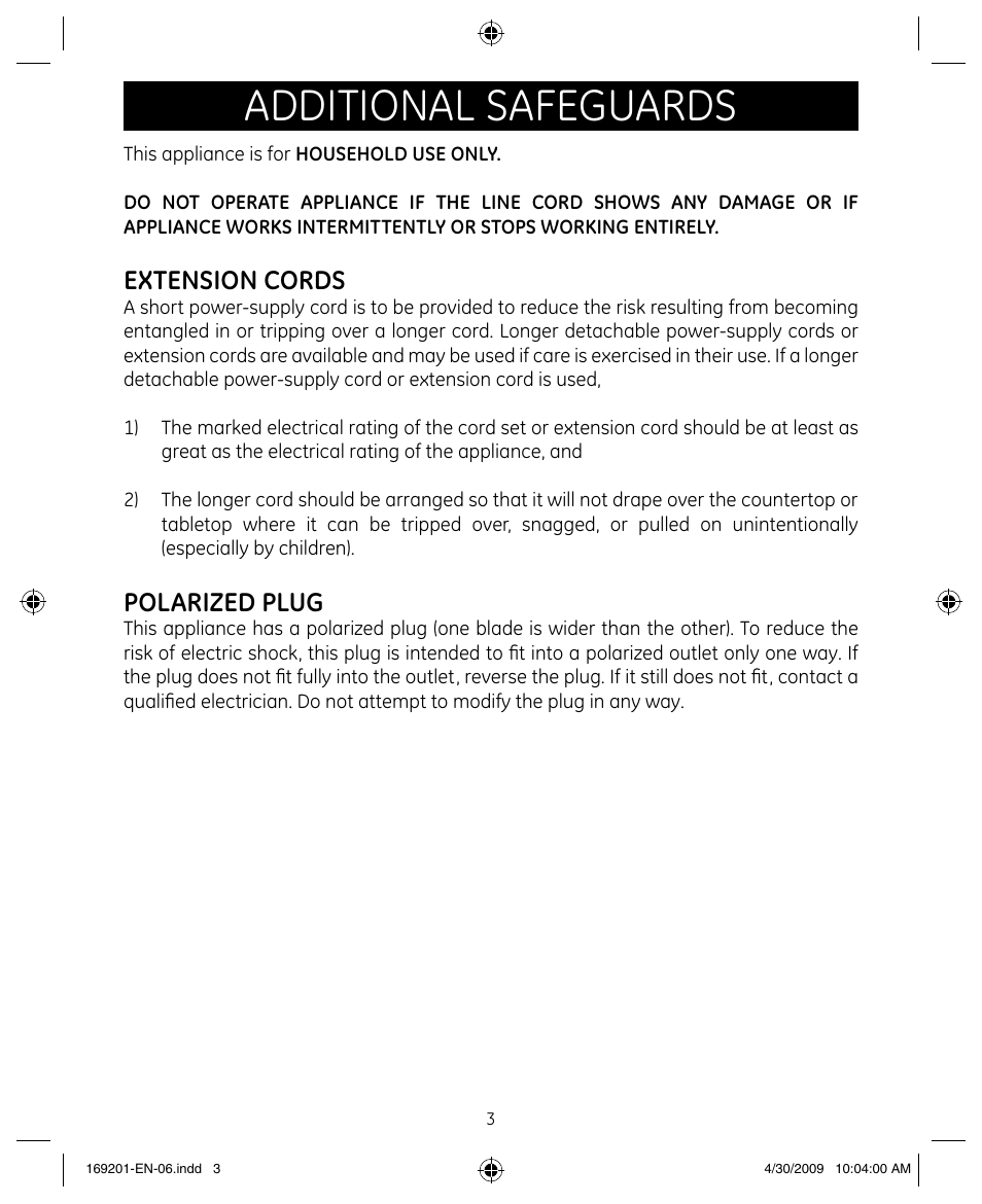 Additional safeguards, Extension cords, Polarized plug | GE 681131692014 User Manual | Page 3 / 13