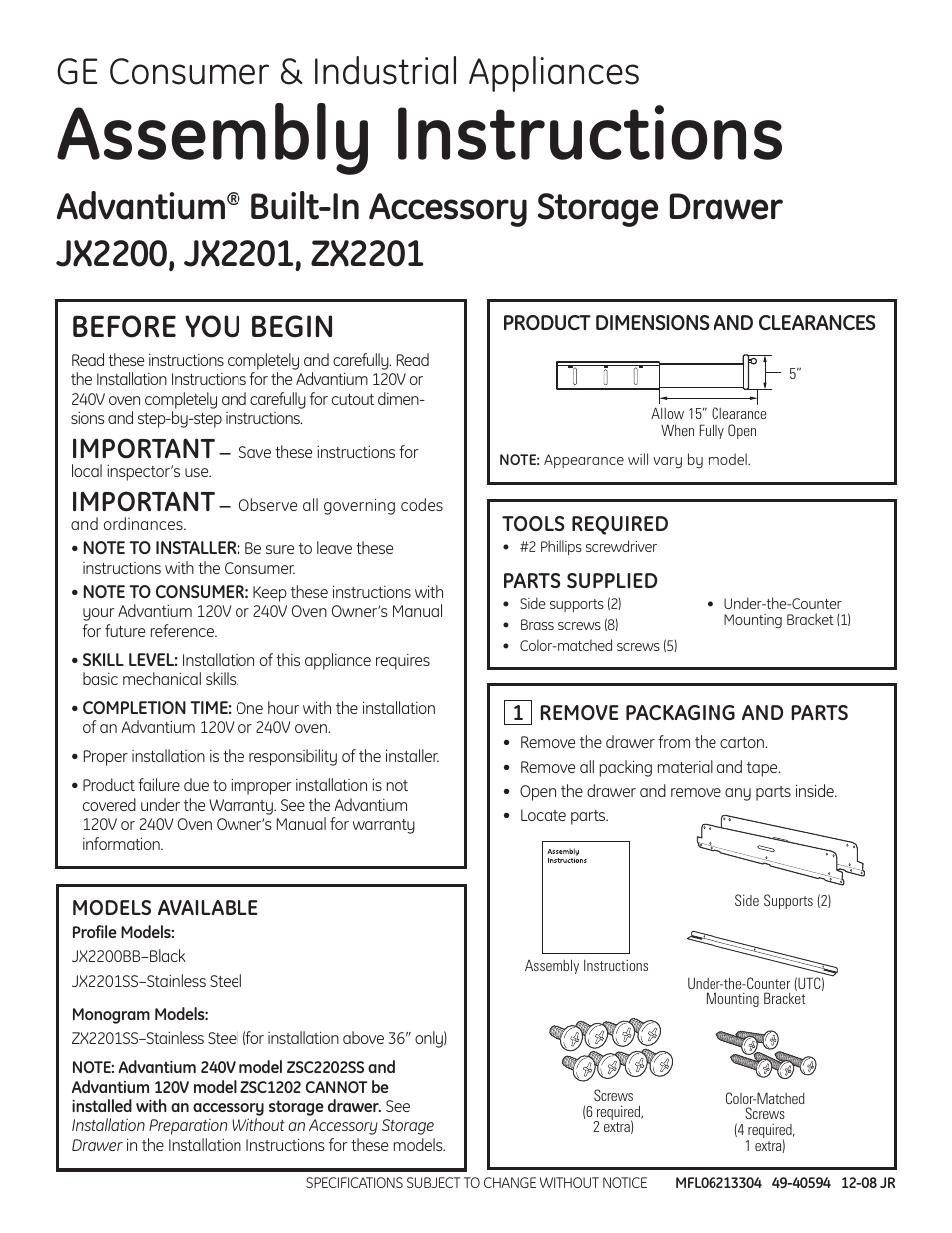 GE Advantium ZSC1202 User Manual | 4 pages