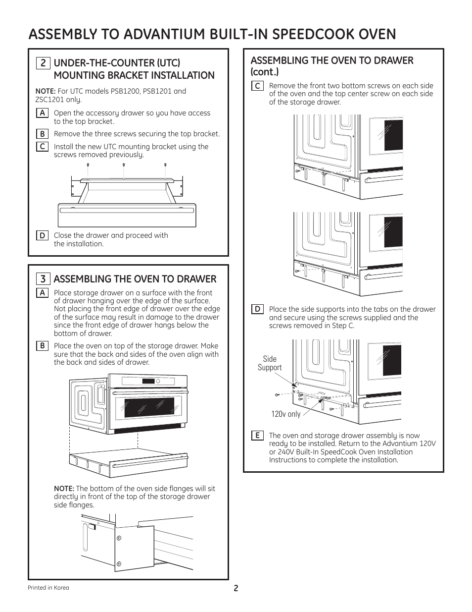 Assembly to advantium built-in speedcook oven, Assembling the oven to drawer, 3assembling the oven to drawer (cont.) | GE Advantium ZSC1202 User Manual | Page 2 / 4