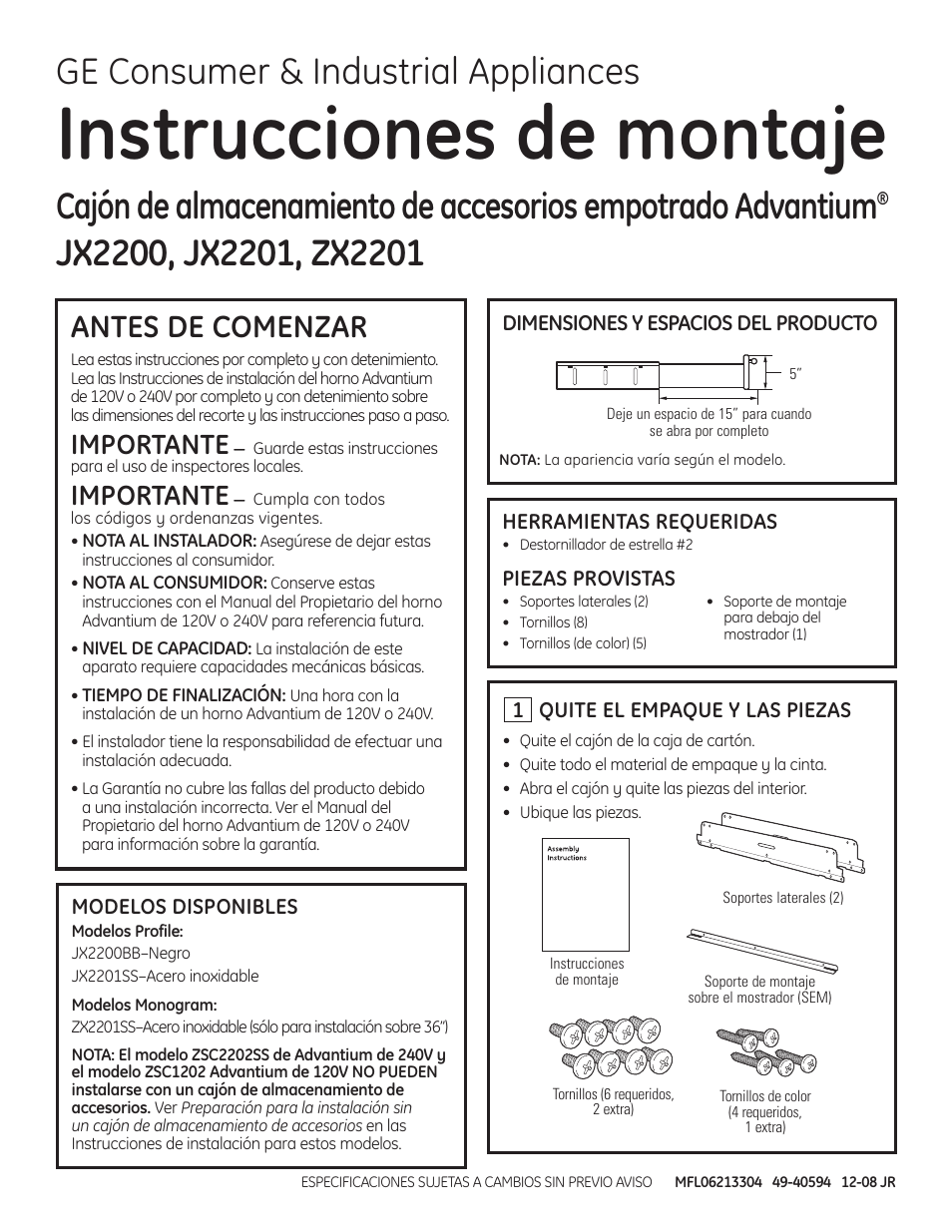 Instrucciones de montaje, Ge consumer & industrial appliances, Antes de comenzar | Importante | GE Advantium ZSC1202 User Manual | Page 3 / 4
