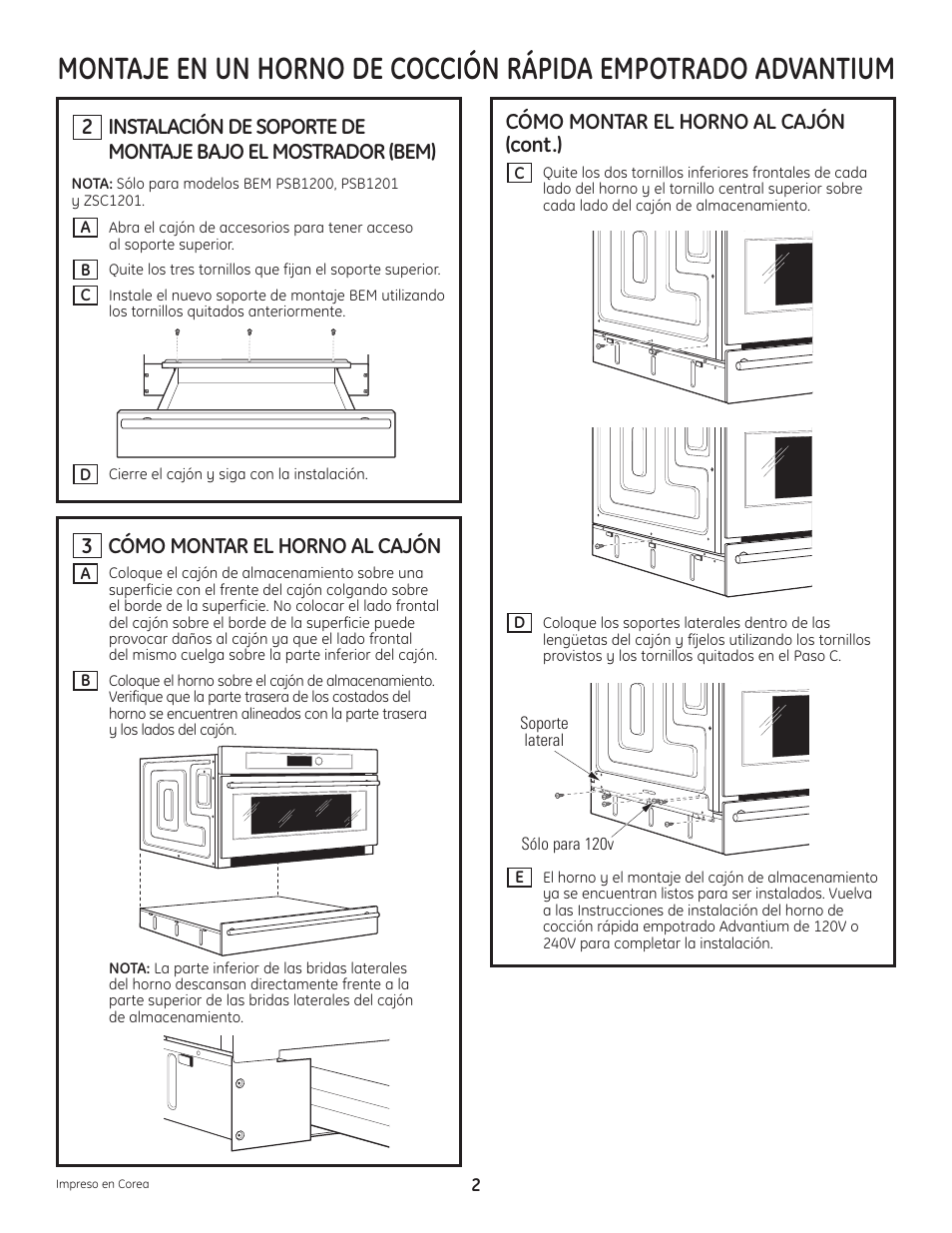 Cómo montar el horno al cajón, 3cómo montar el horno al cajón (cont.) | GE Advantium ZSC1202 User Manual | Page 4 / 4