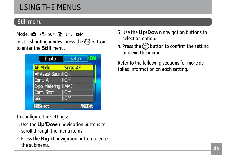 Using the menus, Still menu | GE H855 User Manual | Page 49 / 90