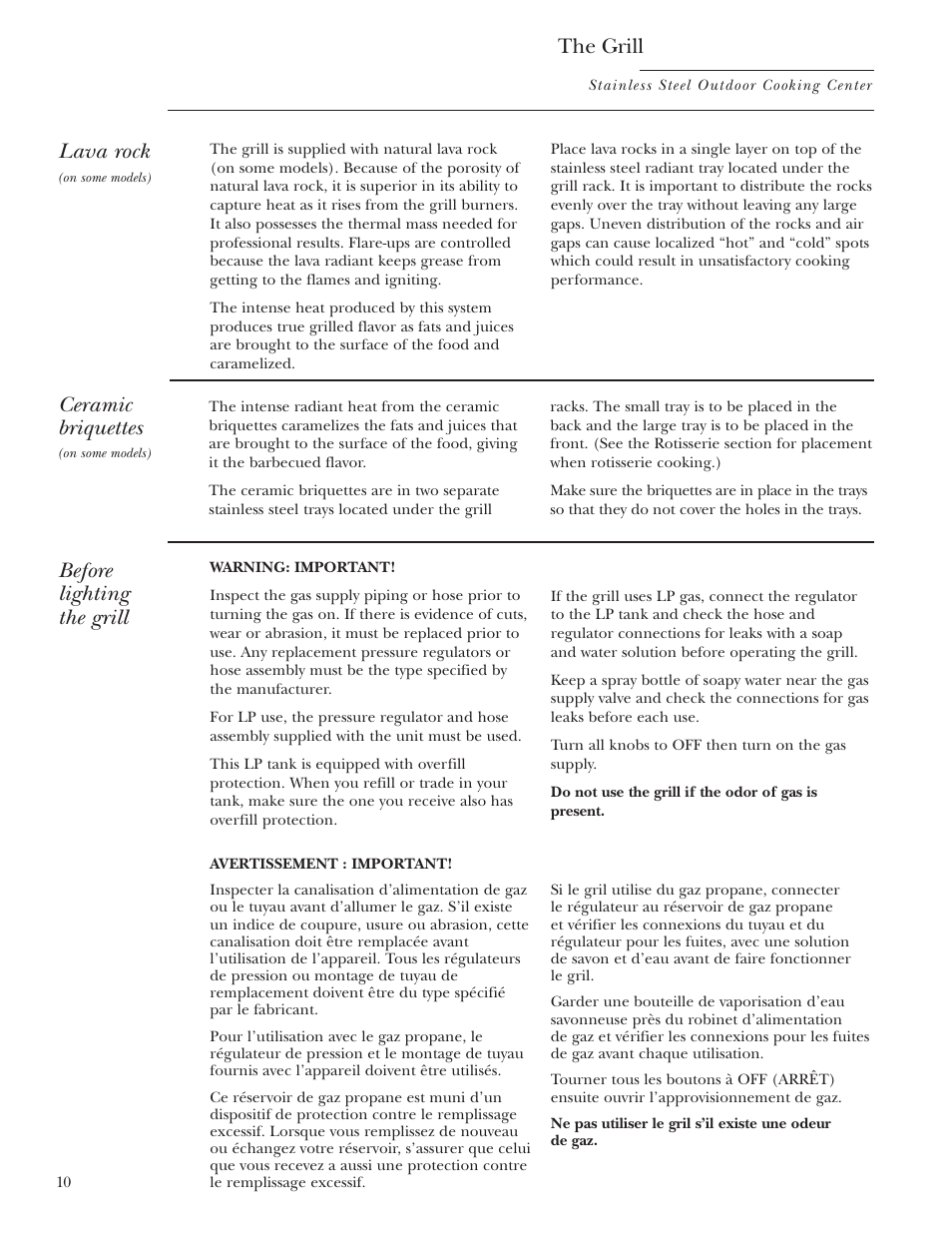 Ceramic briquettes, Lava rocks, Lighting the grill | Lava rocks lighting the grill –12, Before lighting the grill, Lava rock, The grill | GE ZGG48N42 User Manual | Page 10 / 32