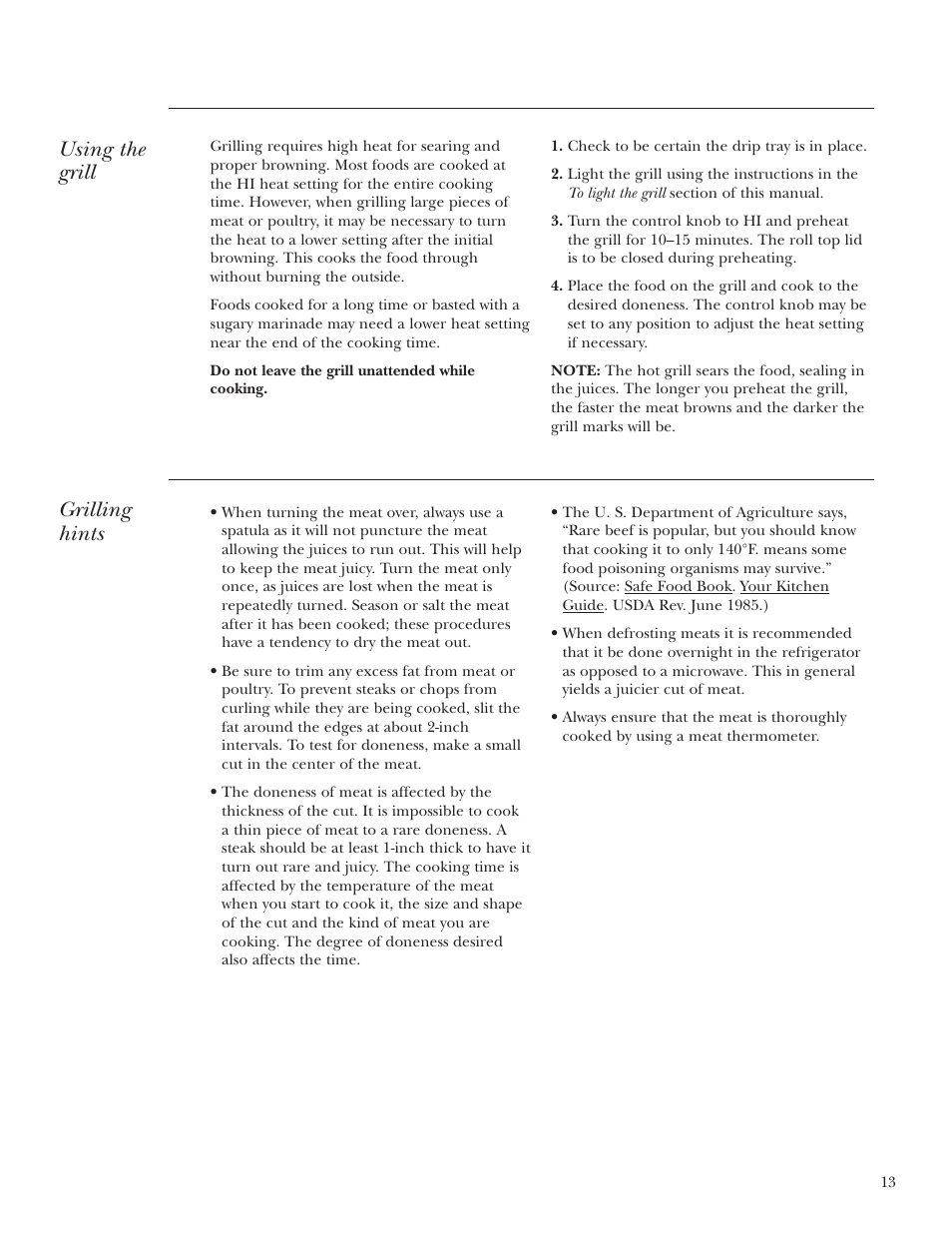 Grilling hints, Using the grill | GE ZGG48N42 User Manual | Page 13 / 32