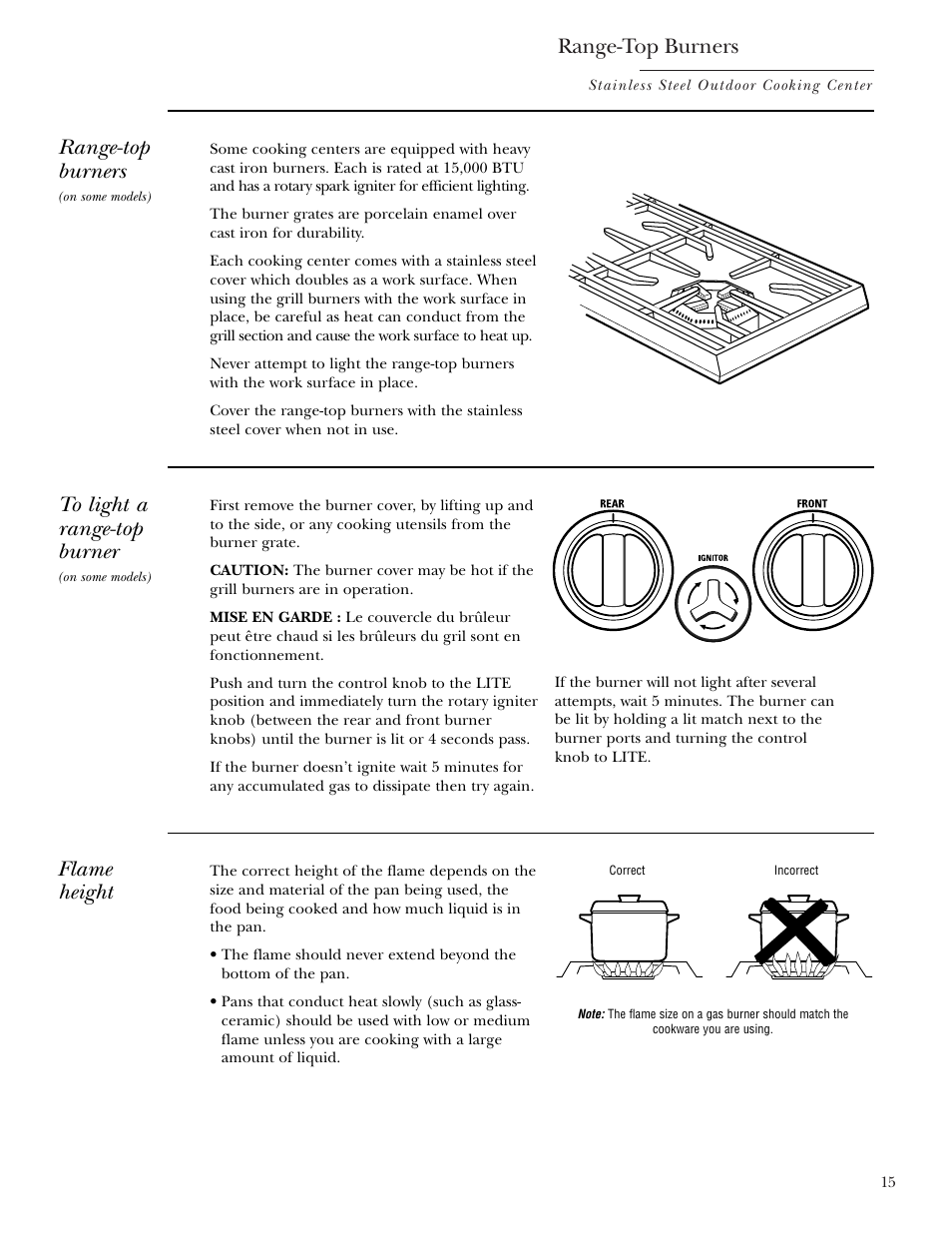 Range-top burners, Flame height | GE ZGG48N42 User Manual | Page 15 / 32