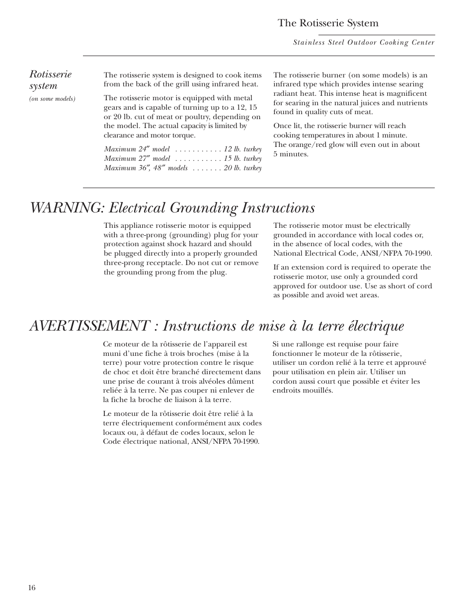 Rotisserie, Rotisserie –20, Warning: electrical grounding instructions | Rotisserie system, The rotisserie system | GE ZGG48N42 User Manual | Page 16 / 32