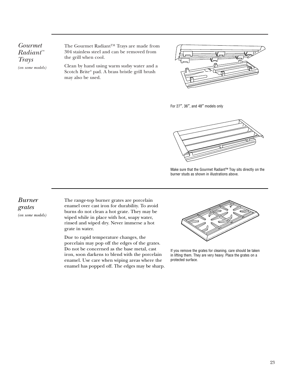 Burner grates, Gourmet radiant™ trays, Gourmet radiant | Trays | GE ZGG48N42 User Manual | Page 23 / 32
