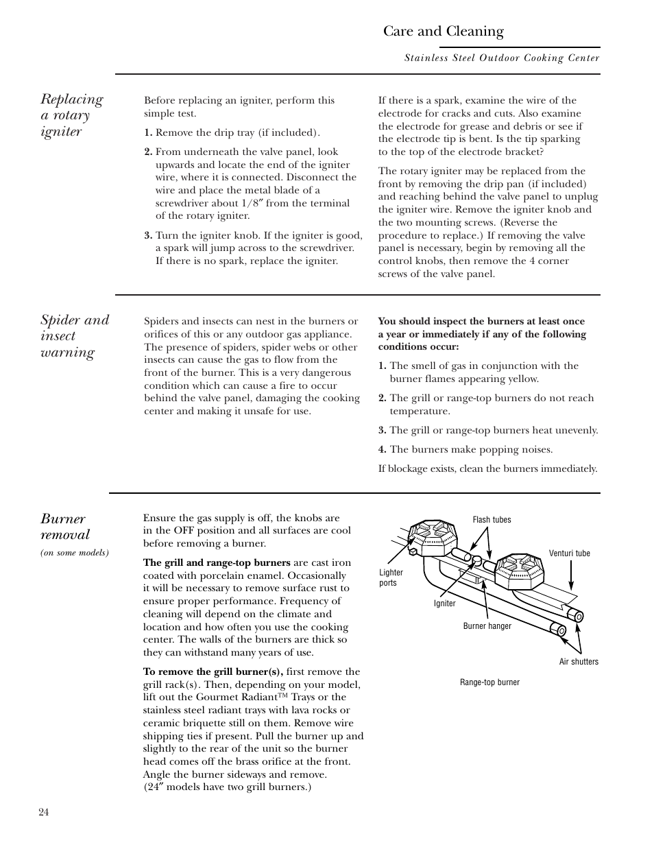 Burners, Rotary igniter, Spider and insect warning | Burners –26, Replacing a rotary igniter, Care and cleaning, Burner removal | GE ZGG48N42 User Manual | Page 24 / 32