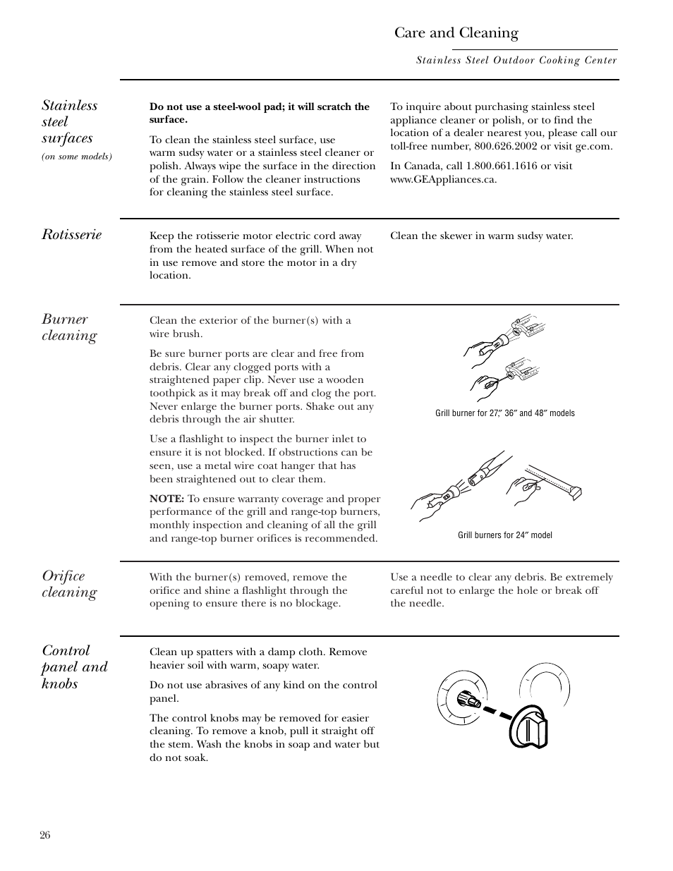 Control panel and knobs, Orifice cleaning, Rotisserie | Stainless steel, Burner cleaning, Stainless steel surfaces, Care and cleaning | GE ZGG48N42 User Manual | Page 26 / 32