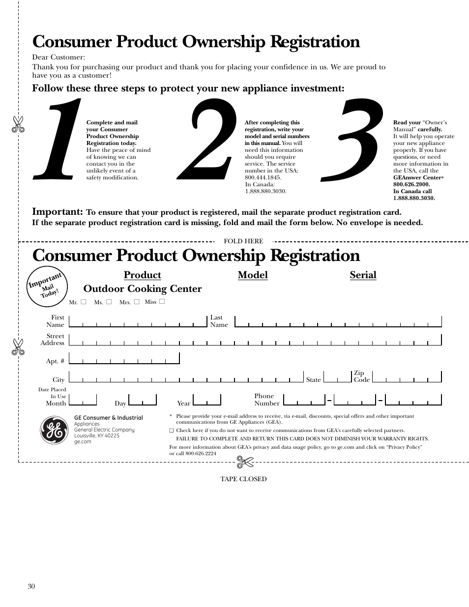 Consumer product ownership registration | GE ZGG48N42 User Manual | Page 30 / 32