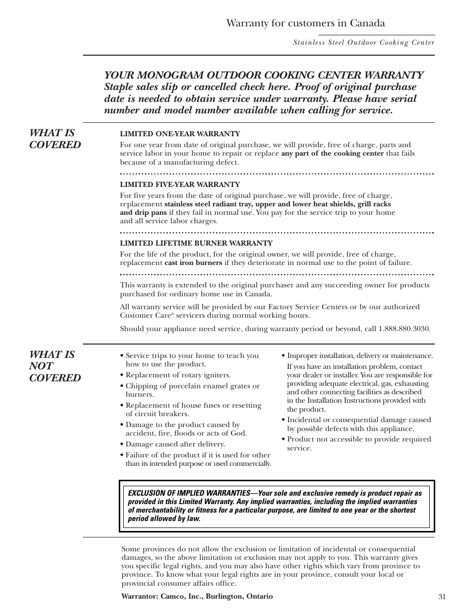 Warranty for customers in canada, What is not covered | GE ZGG48N42 User Manual | Page 31 / 32