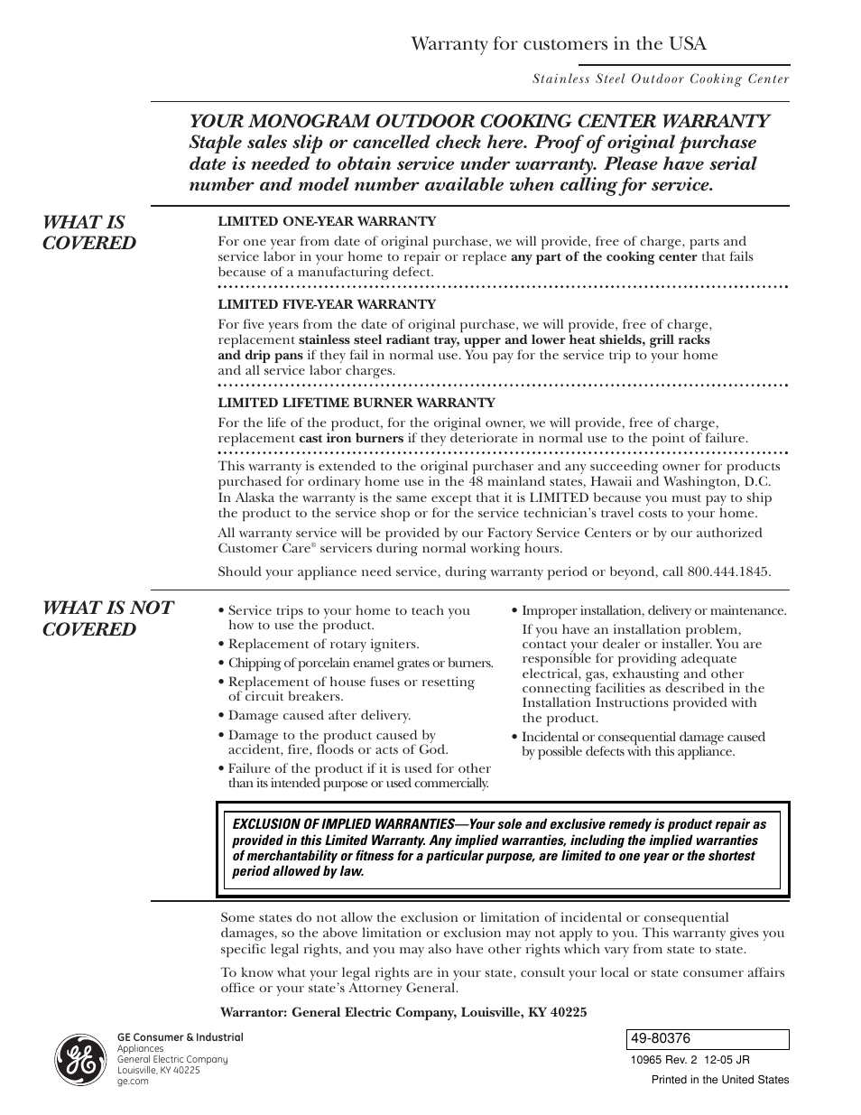 Warranty for customers in the usa, What is not covered | GE ZGG48N42 User Manual | Page 32 / 32