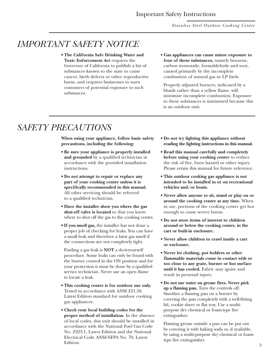 Important safety notice, Safety precautions, Important safety instructions | GE ZGG48N42 User Manual | Page 5 / 32
