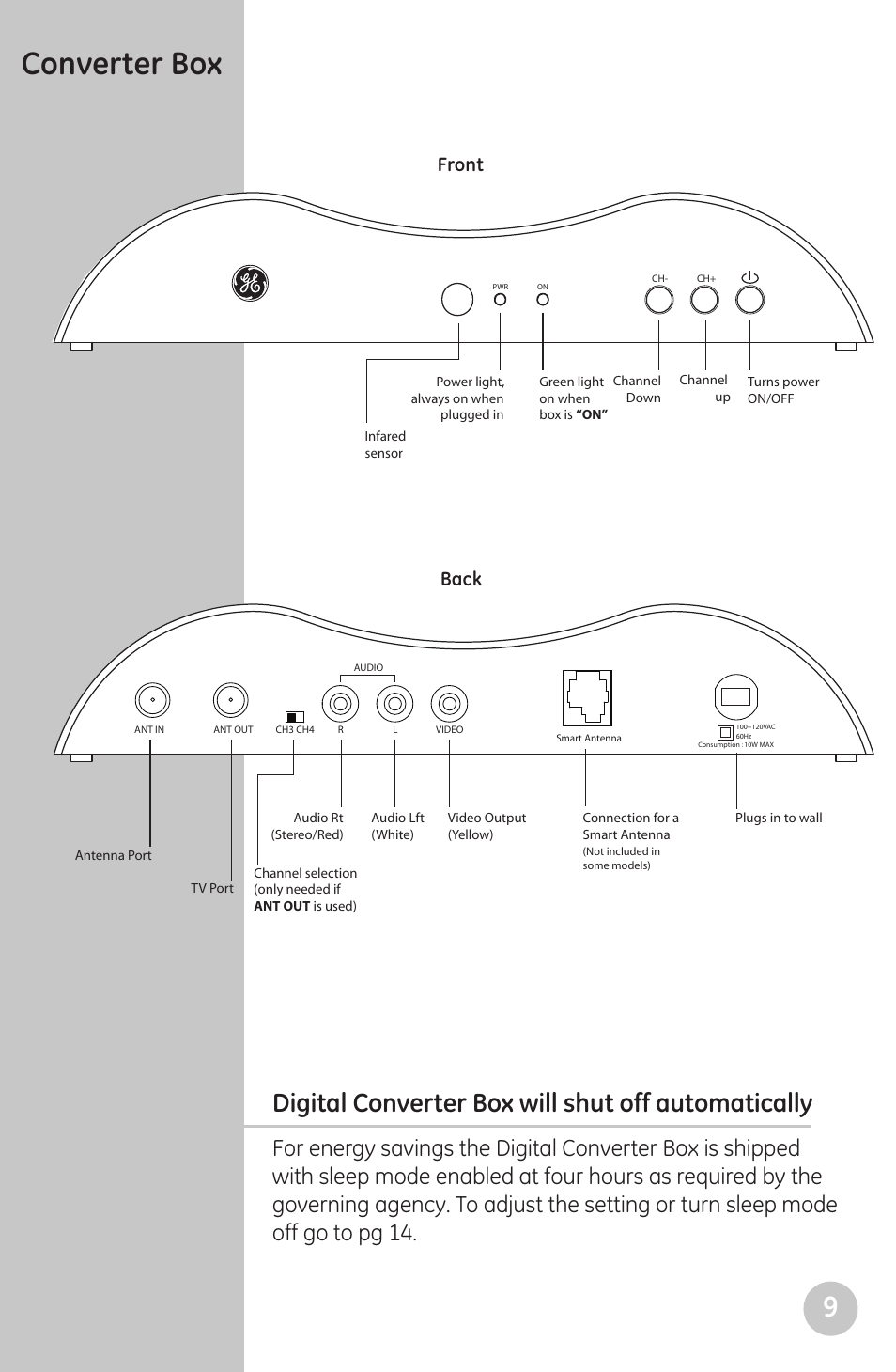 Converter box, Digital converter box will shut off automatically, Front back | GE 22729 User Manual | Page 9 / 23