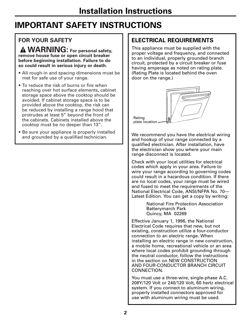 Important safety instructions, Installation instructions, Warning | GE 131-10595-2 1-07 JR User Manual | Page 2 / 16