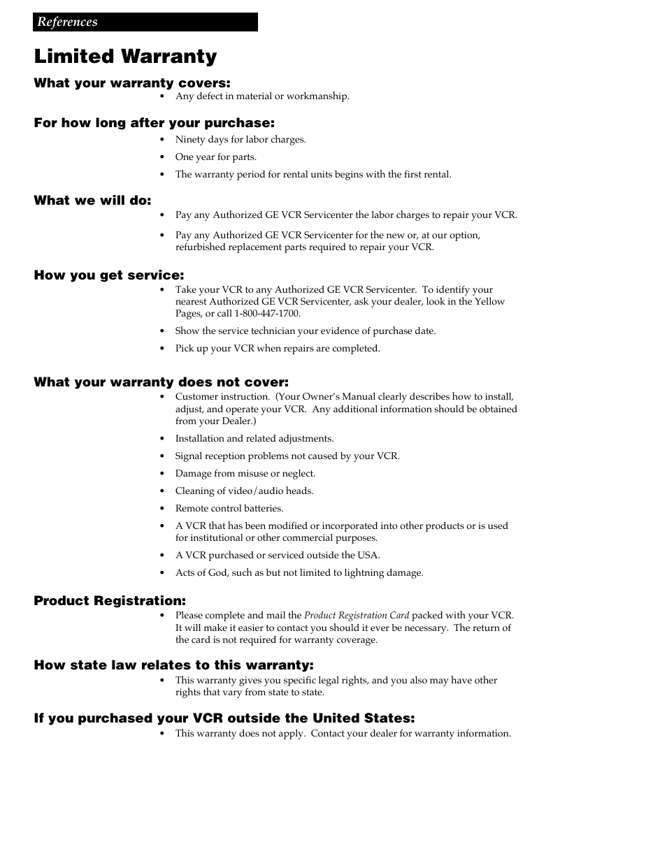 Limited warranty | GE VG4258 User Manual | Page 40 / 44