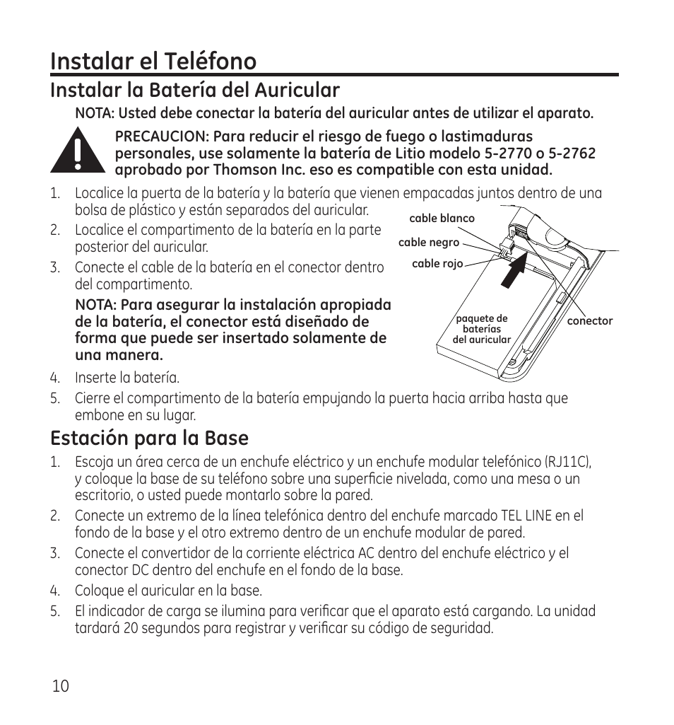 Instalar el teléfono, Instalar la batería del auricular, Estación para la base | GE 28118 User Manual | Page 62 / 104