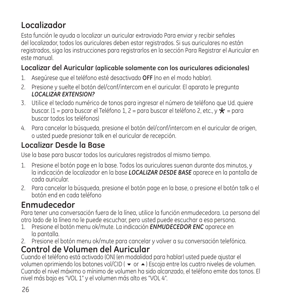 Localizador, Enmudecedor, Control de volumen del auricular | GE 28118 User Manual | Page 78 / 104