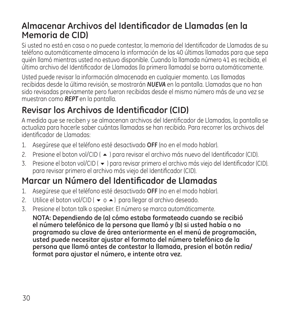 Revisar los archivos de identificador (cid), Marcar un número del identificador de llamadas | GE 28118 User Manual | Page 82 / 104