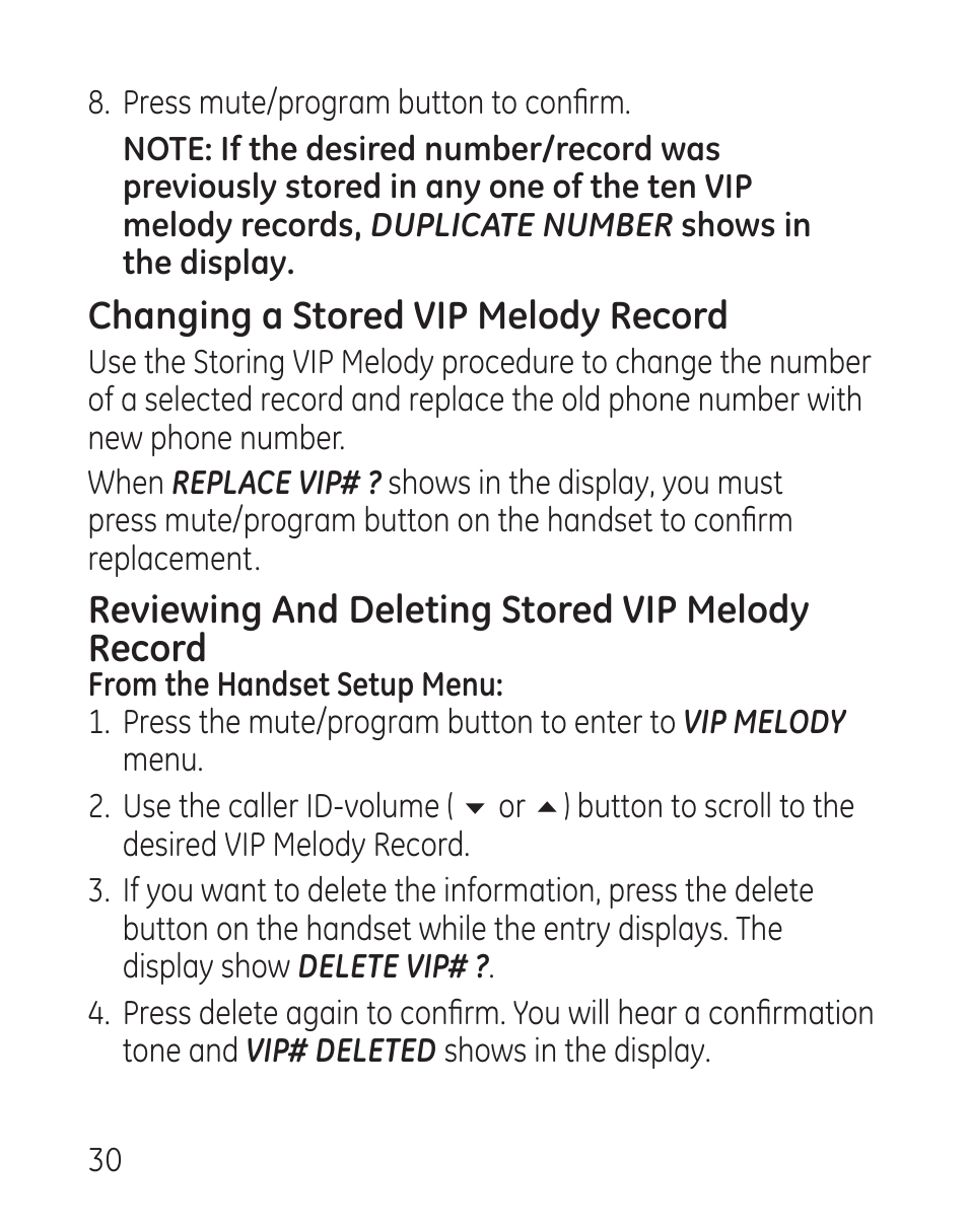 Changing a stored vip melody record, Reviewing and deleting stored vip melody record | GE 27907 Series User Manual | Page 30 / 94
