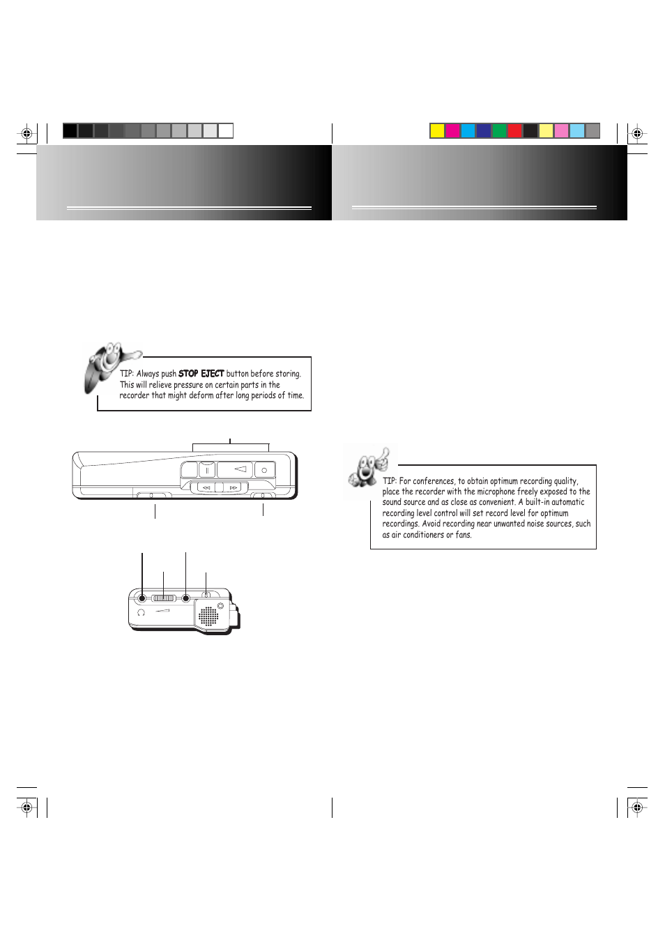 Using the recorder, 45 volume control, Record | Headphone jack, Record with an external microphone, Insert or remove a microcassette, Mic sensitivity switch | GE 3-5375 User Manual | Page 3 / 5