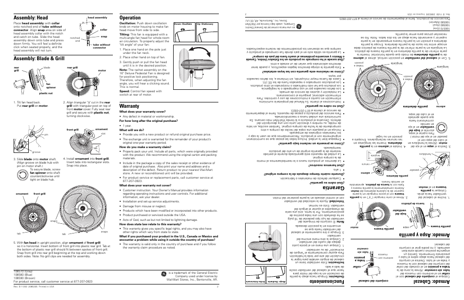 Operation, Warranty, Assembly: head | Assembly: blade & grill, Funcionamiento, Armado: cabezal, Armado: aspa y parrilla, Garantía | GE 681131065801 User Manual | Page 2 / 4