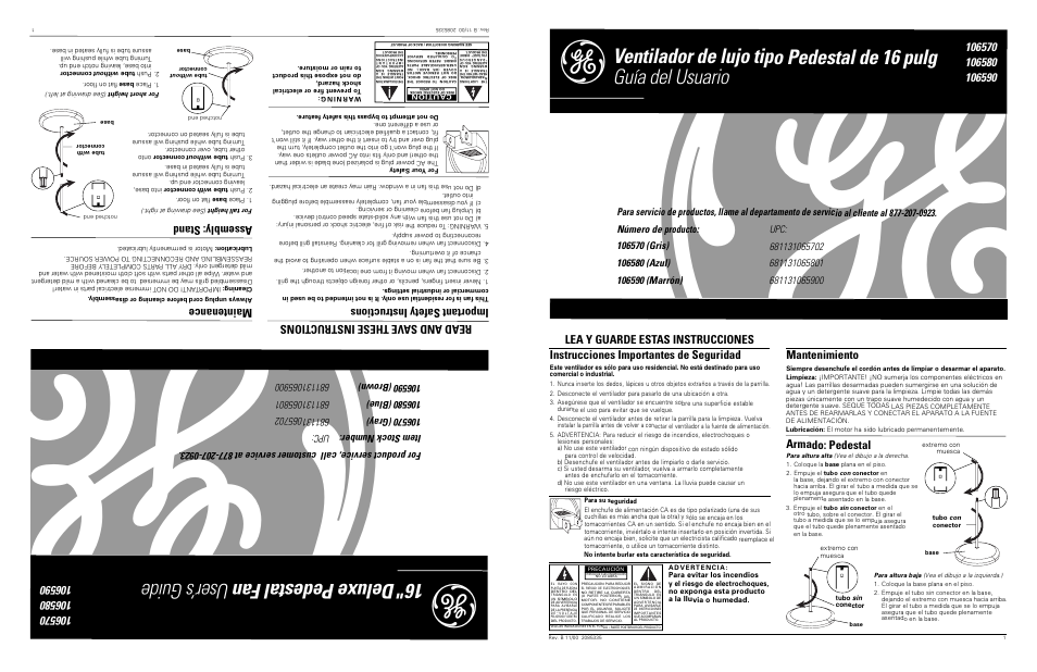 Spanish version, Instrucciones importantes de seguridad, Mantenimiento | Armado, 16" deluxe pedestal fan user’ s guide | GE 681131065801 User Manual | Page 3 / 4