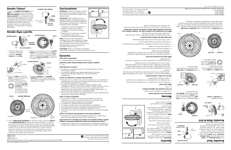 Funcionamiento, Garantía, Assembly: head | Assembly: blade & grill, Operation, Warranty, Armado: cabezal, Armado: aspa y parrilla | GE 681131065801 User Manual | Page 4 / 4