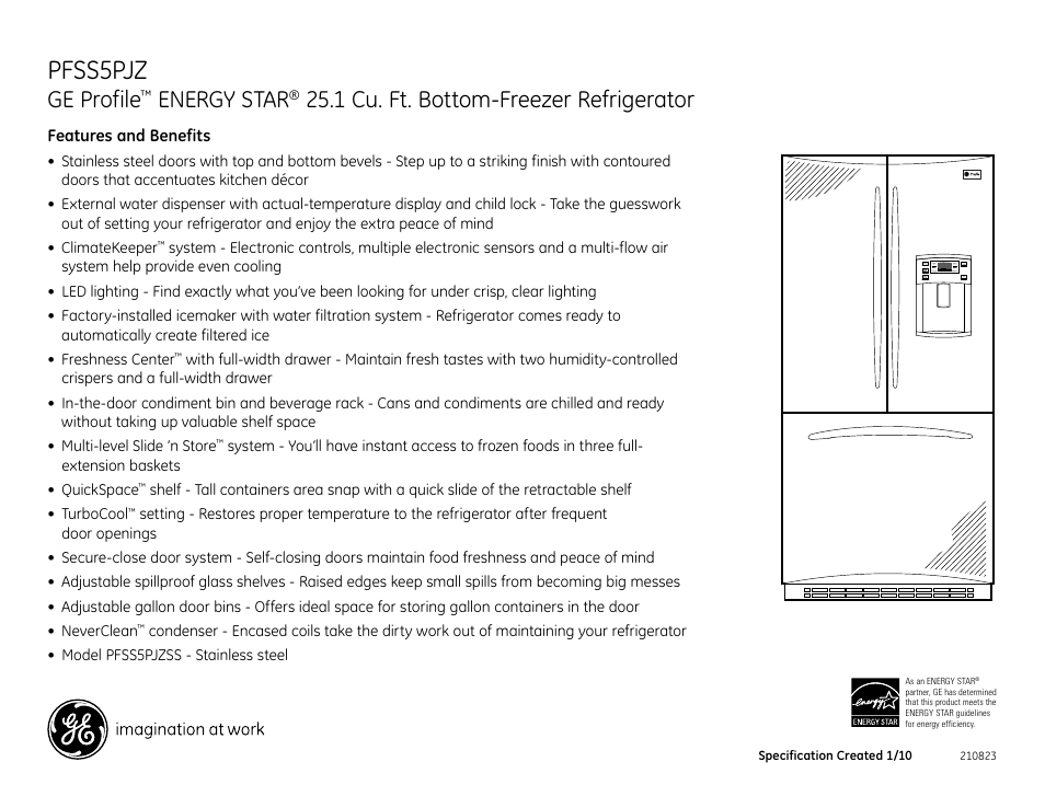 Pfss5pjz, Ge profile, Energy star | 1 cu. ft. bottom-freezer refrigerator | GE ENERGY STAR PFSS5PJZSS User Manual | Page 2 / 2