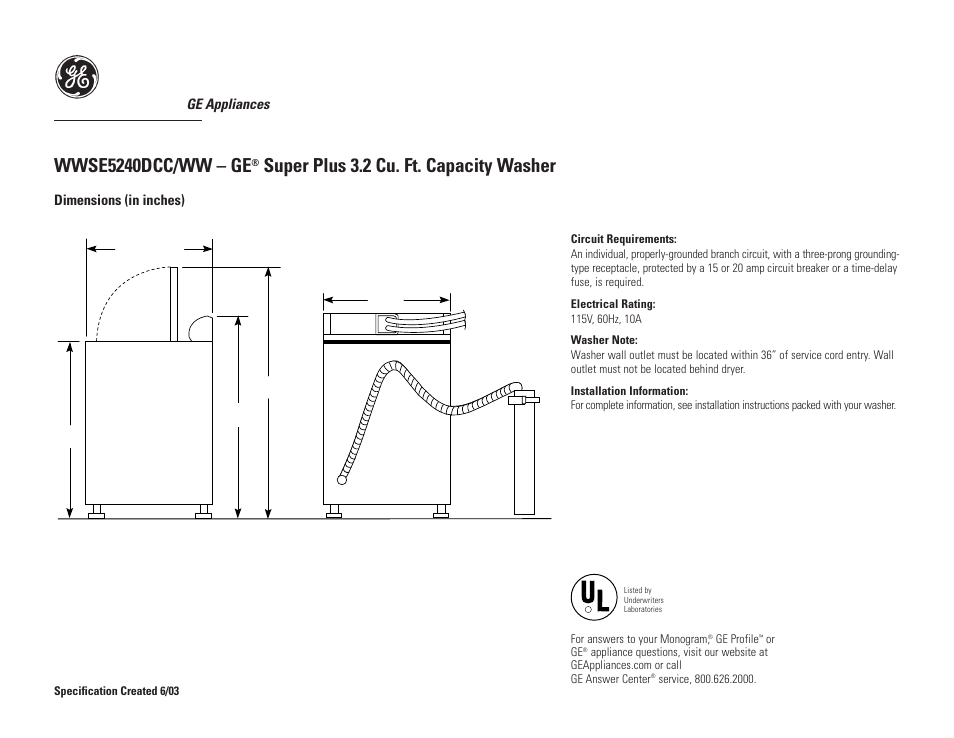 GE WWSE5240DCC/WW User Manual | 2 pages