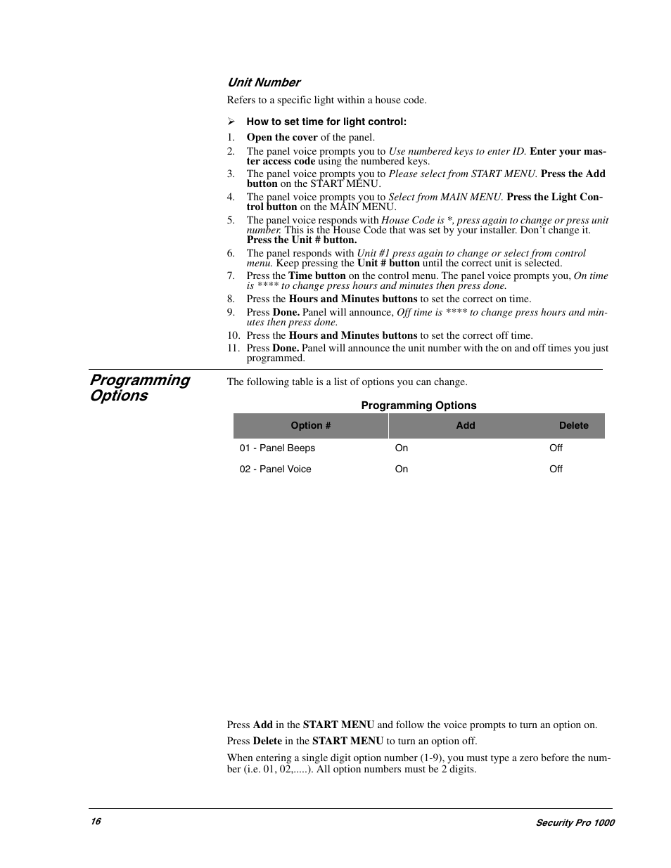 Programming options | GE 1000 User Manual | Page 22 / 36