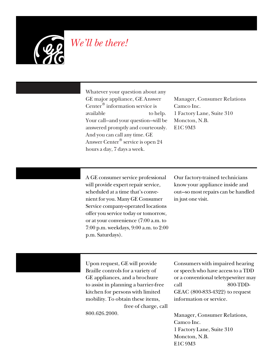 Ge service numbers, We’ll be there | GE UPSQ495ET User Manual | Page 21 / 74